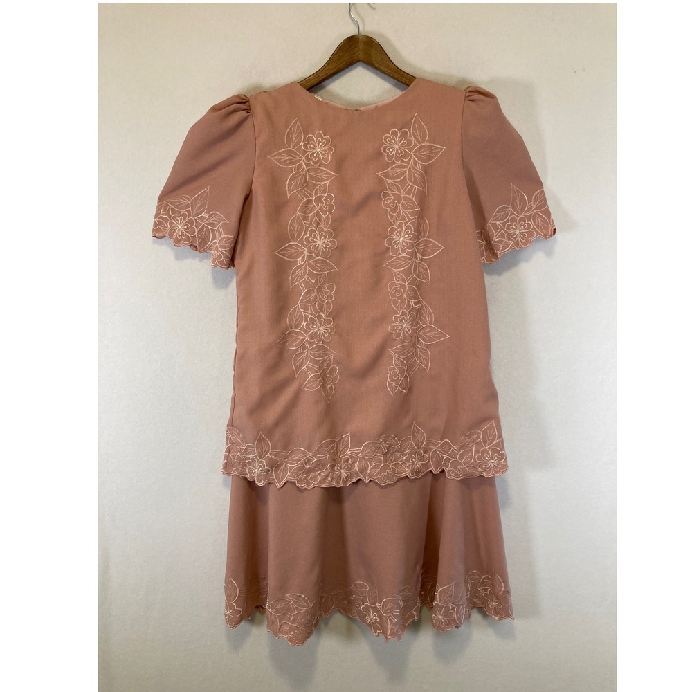 Cottagecore Vintage Inspired Women XL Pink Embroidered Scalloped 2pc Dress‎ Set